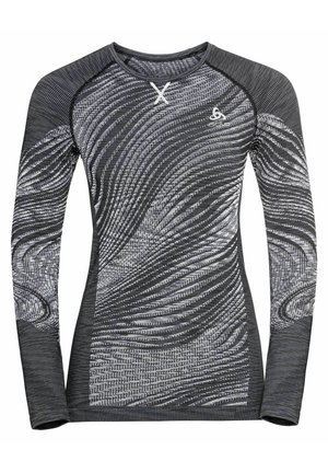 Long-sleeve athletic shirt in black and gray, featuring a wave pattern texture, round neckline, and fitted design. Logo on chest side.