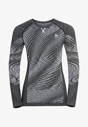 Long-sleeve athletic shirt in black and gray, featuring a wave pattern texture, round neckline, and fitted design. Logo on chest side.