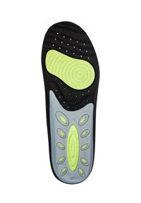Black and gray shoe insole with green cushioned pads and perforations for breathability, designed for arch and heel support.