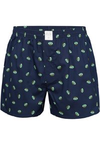 Boxers bleu marine en tissu léger, arborant un motif circulaire répété en vert et noir, avec une taille élastique et un bouton à l'avant.