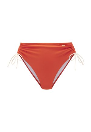 Oranje bikinibroekje met verstelbare witte strikzijkanten, gladde stof en geplooide details. Voorzien van een effen kleur met contrasterende bies.