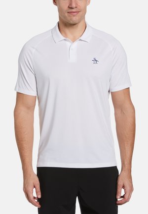 White polo shirt made of textured fabric, featuring a three-button placket and a small navy penguin logo on the left chest.