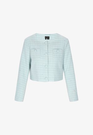 Lichtblauwe cropped jas met een textuurpatroon, voorzien van een ronde halslijn, knoopsluitingen en twee voorkezen.