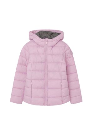 Jasnoróżowa pikowana kurtka z przednim zamkiem błyskawicznym, dwoma bocznymi kieszeniami oraz kapturem wyściełanym szarą tkaniną.
