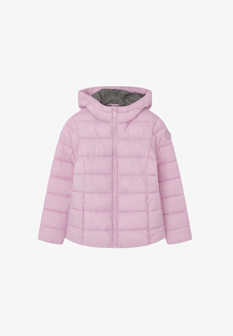 Veste matelassée rose clair avec fermeture éclair à l'avant, deux poches latérales et capuche doublée en tissu gris.