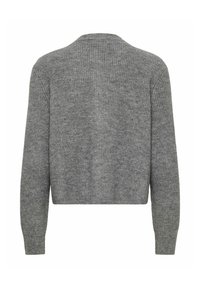 Szary, dziergany kardigan o prążkowanej fakturze, krótki krój i długie rękawy. Charakteryzuje się subtelnym, jednolitym wzorem dzianiny oraz zaokrąglonym dekoltem.