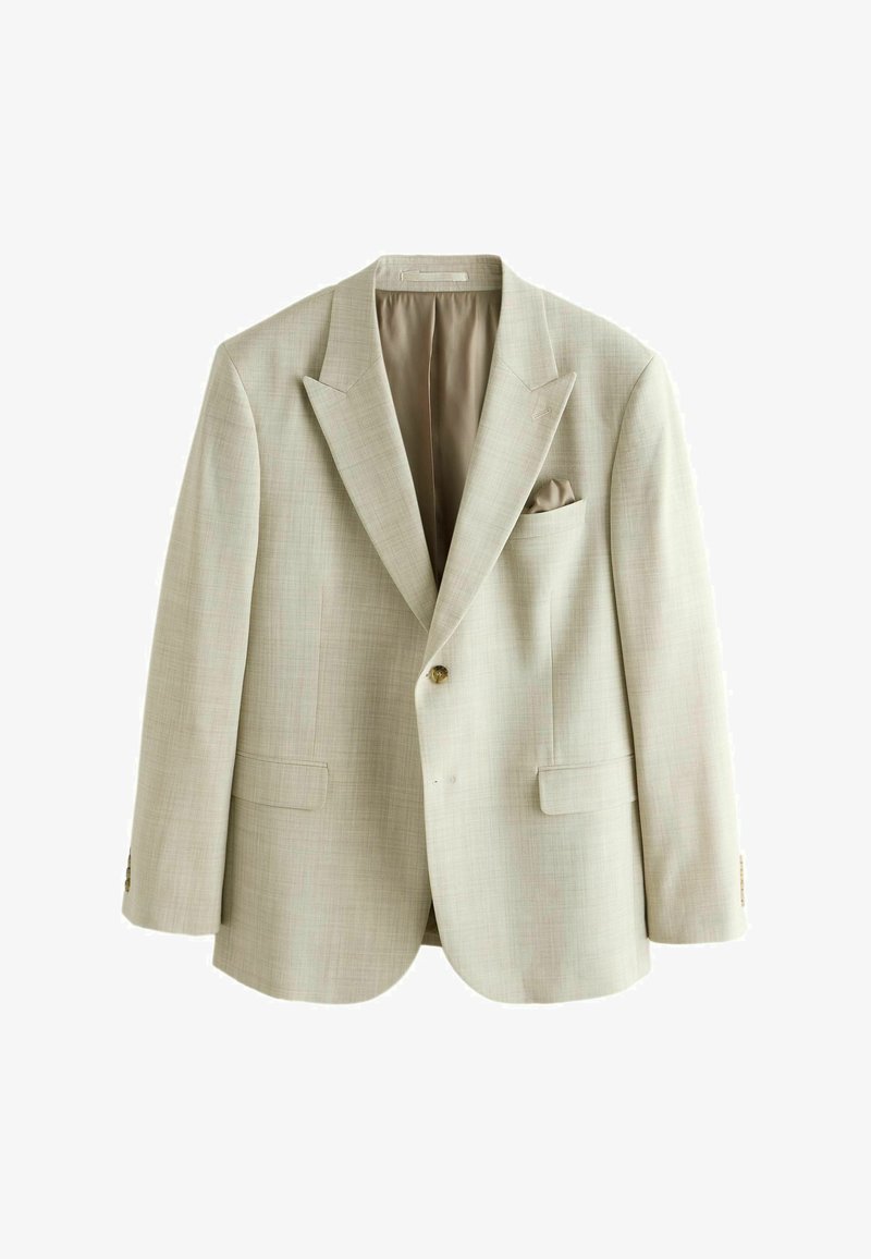 Blazer beige pour homme avec revers à encoche, fermeture par un seul bouton, deux poches à rabat à l'avant et un mouchoir de poche assorti dans la poche poitrine.