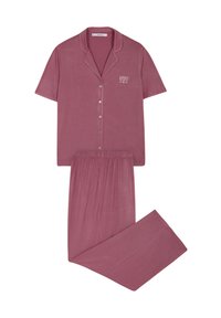 Korte mouw, knoopsluiting pyjama set in een zachte mauve stof, met een geborduurd "Zomernachten" detail op de top en broek met elastische tailleband.