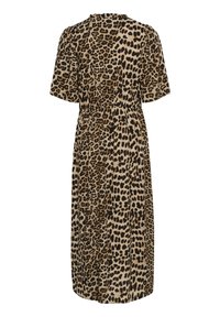 Leopardprint midi-kjole med korte ærmer, talje med snørelse og svajende nederdel. Har en neutral beige baggrund med sorte og brune pletter.