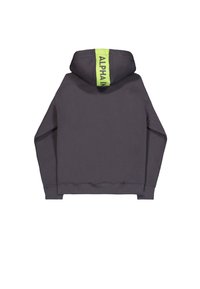 Donkergrijze capuchontrui met opgevouwen lange mouwen, voorzien van een verticale neon groene streep en gedeeltelijke zwarte "ALPHA IN" tekst op de capuchon.