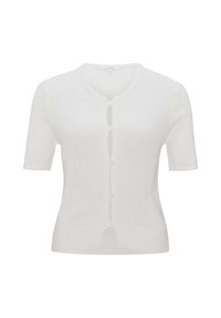 Kurze Ärmel Cardigan in Weiß, aus strukturiertem Stoff. Verfügt über einen runden Ausschnitt und sechs Knöpfe zum Schließen an der Vorderseite mit runden Ausschnitten.