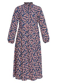 Långärmad klänning i marinblått med ett blommönster i rosa och krämfärgat. Har en volangkrage och en smockad midja, tillverkad av lättviktsmaterial.