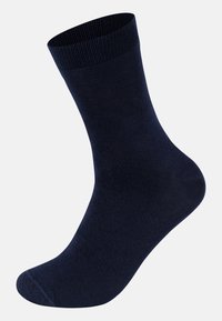 Námořnické modré bavlněné ponožky s žebrovaným vrškem, hladkým povrchem a středním pásem, s vyztuženou patou a špičkou pro zvýšenou odolnost.