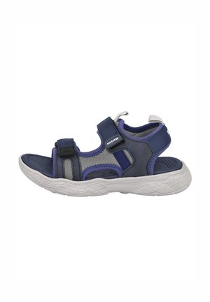 Sandal navy y gris con parte superior de malla, correas ajustables, forro acolchado y suela de goma con textura para mayor agarre.