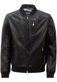 Schwarze Leder-Bomberjacke mit geripptem Kragen, Bündchen und Saum, mit Frontreißverschluss und drei Reißverschlusstaschen.
