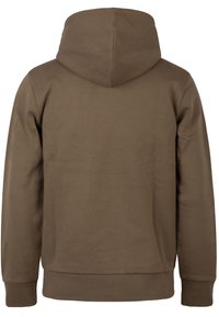 Bruine hoodie met een gladde textuur, geribde manchetten en onderrand, en een eenvoudig ontwerp, met een centrale naad op de rug en zonder zichtbare logo's.