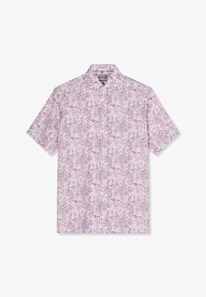 Camicia a maniche corte con bottoni, base bianca e motivo floreale paisley rosa e viola elaborato.