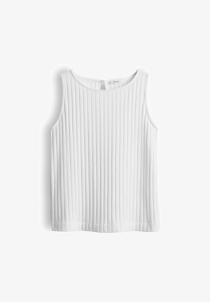 Top bianco senza maniche in maglia a coste con scollo rotondo e piccola chiusura con bottone sul retro.