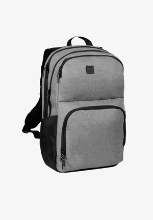 Mochila de tela gris con acentos negros, múltiples compartimentos con cremallera, correas de hombro acolchadas y un parche de logo triangular.