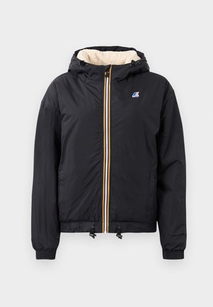 Black hooded jacket with a zip front, plush interior, elastic cuffs, drawstring hem, and contrasting colored zipper details.
