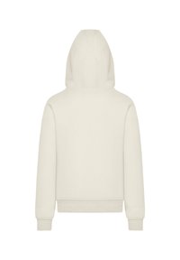 Helle Kapuzenjacke in Cremefarbe mit Kapuze, gerippten Bündchen und Saum. Glatte Stofftextur mit einem schlichten, minimalistischen Design. Keine sichtbaren Logos oder Muster.