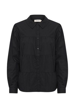 Camisetta nera a maniche lunghe con bottone anteriore, colletto, spalle a palloncino e design a strati. Realizzata in tessuto leggero.