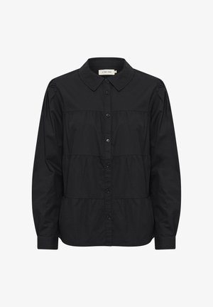 Melnā garām piedurknēm krekls ar pogām priekšpusē, apkakli, uzpūstām plecu daļām un slāņotu dizainu. Izgatavots no viegla auduma.