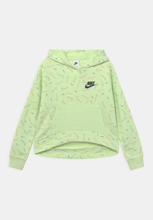 Sweat à capuche Nike vert clair avec motifs Swoosh multicolores, poche kangourou à l'avant et logo Nike noir sur la poitrine.