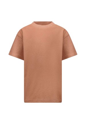 T-shirt met korte mouwen van zachte, gestructureerde stof, met een ronde hals en een gedempte perzikkleur. Losse pasvorm met minimale ontwerpdetails.