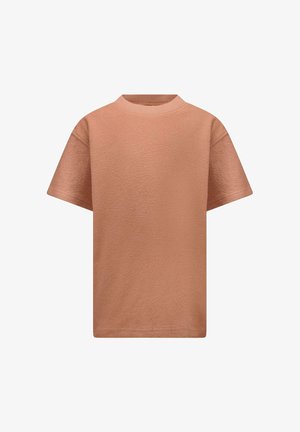 T-shirt met korte mouwen van zachte, gestructureerde stof, met een ronde hals en een gedempte perzikkleur. Losse pasvorm met minimale ontwerpdetails.