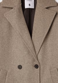 Beżowy wełniany płaszcz dwurzędowy z klapami, dwoma czarnymi guzikami i bocznymi kieszeniami, rozmiar mały od Terranova.