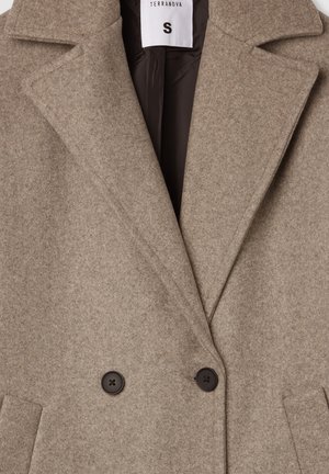 Beżowy wełniany płaszcz dwurzędowy z klapami, dwoma czarnymi guzikami i bocznymi kieszeniami, rozmiar mały od Terranova.