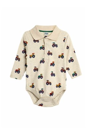 Body beige pour bébé à manches longues avec col, boutons et motif coloré de tracteur sur tout le tissu.