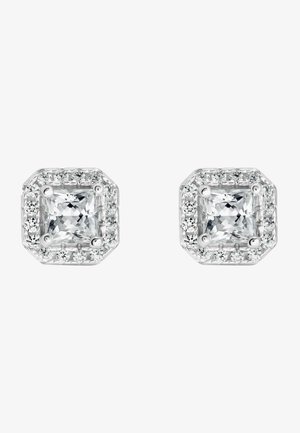 Diamanten oorsieraden met achthoekige centrale stenen, omringd door kleinere ronde diamanten, gezet in zilver of wit goud.