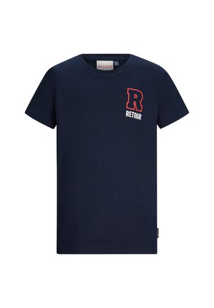 Marineblauw T-shirt met korte mouwen, met een rood omlijnde "R" en witte "RETOUR" tekst op de linkerborst, ronde halslijn.