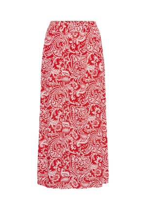 Piros szoknya fehér, bonyolult virágos paisley mintával és elasztikus derékpánttal, térd hosszúságú.
