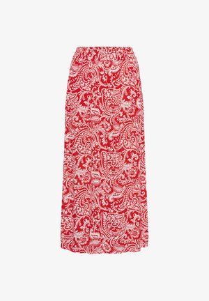 Jupe rouge avec motif cachemire floral complexe blanc et ceinture élastique, longueur genou.