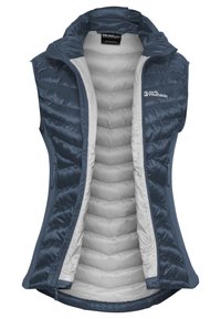 Padded blauer Weste mit abnehmbarem Kapuze, die ein zweifarbiges Design, einen Reißverschluss und Seitentaschen bietet. Innenfutter aus hellgrauem Material.