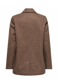 Bruine textuur blazer met een kraag, lange mouwen en een rechte silhouet. Heeft een subtiel patroon en twee zijzakken.