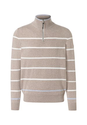 Beige puolivetoketjullinen neulepaita, jossa valkoiset vaakaraitat, resorit hihansuissa ja helmassa sekä korkea kaulus.