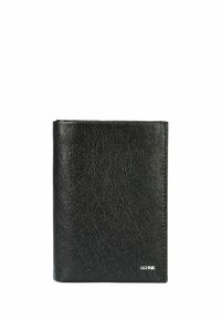 Czarny skórzany portfel o teksturowanej powierzchni, prostokątnym kształcie i małym srebrnym logo w prawym dolnym rogu.