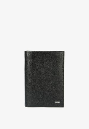 Czarny skórzany portfel o teksturowanej powierzchni, prostokątnym kształcie i małym srebrnym logo w prawym dolnym rogu.