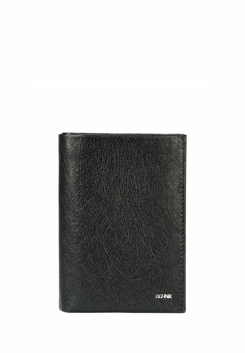 Czarny skórzany portfel o teksturowanej powierzchni, prostokątnym kształcie i małym srebrnym logo w prawym dolnym rogu.