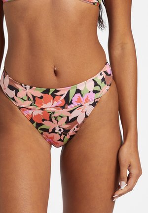 Floral bikini bottoms in pink, orange, and green hues. Features a high waist design and smooth texture with a fitted silhouette.