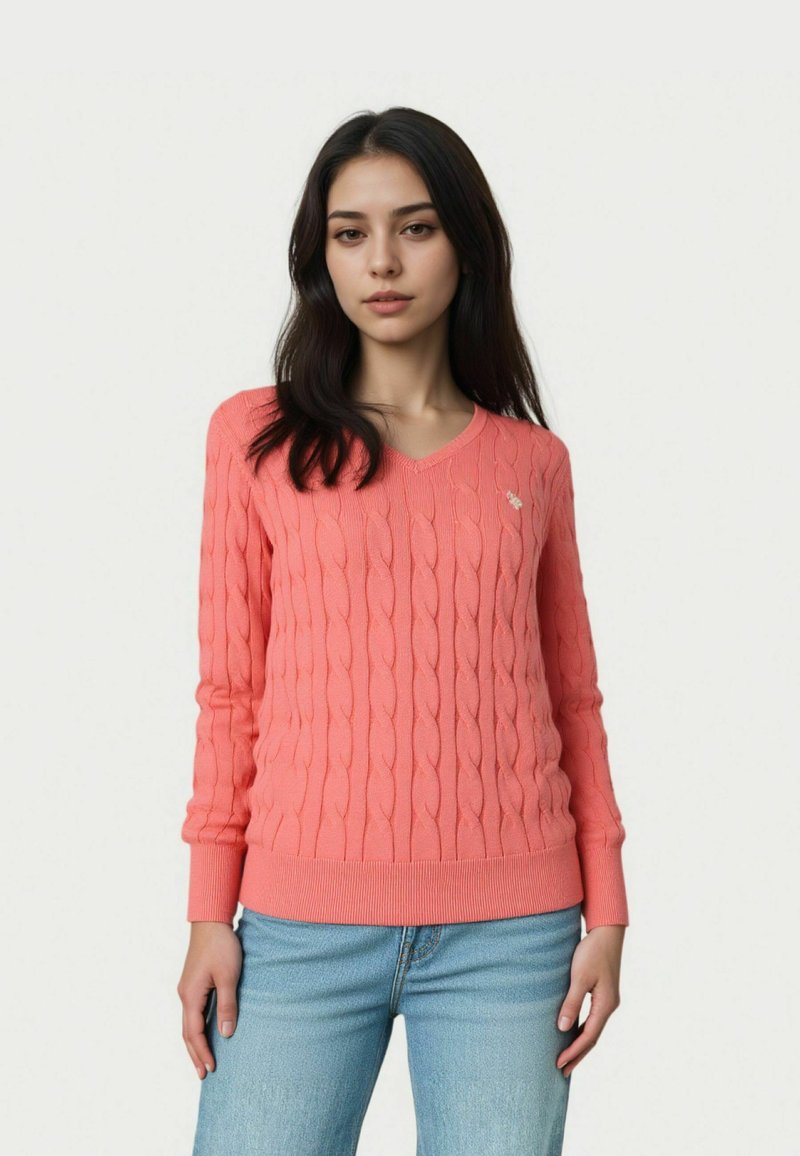 Pulover coral tricotat cu model în relief, decolteu în V și manșete și tiv cu dungi.