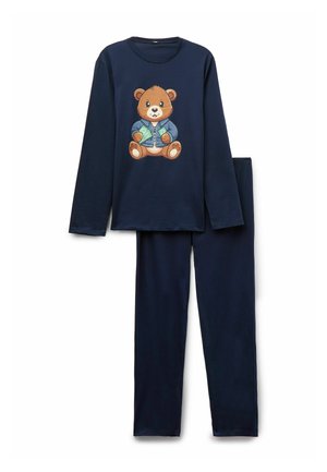 Navyblaues Langarm-Pyjama-Set mit einem Bären-Graphic in einer Jeansjacke. Weicher Stoff mit lockerer Passform, inklusive passender Hose.