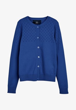 Cardigan bleu à manches longues avec boutons, motif tricot texturé sur le haut de la poitrine et les épaules, poignets et ourlet côtelés.