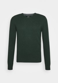 Dark green v-neck sweater made from soft knit material. Long sleeves, ribbed cuffs and hem, with a subtle textured finish.