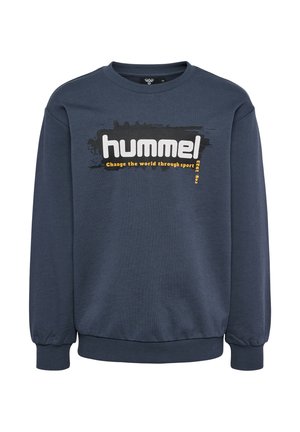 Marineblauw sweatshirt, lange mouwen, ronde hals, met een logo aan de voorkant in wit en geel. Zachte stof met geribbelde manchetten en onderrand.