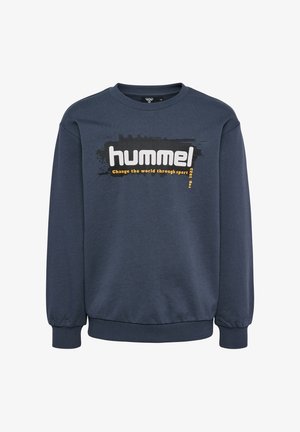 Marineblauw sweatshirt, lange mouwen, ronde hals, met een logo aan de voorkant in wit en geel. Zachte stof met geribbelde manchetten en onderrand.